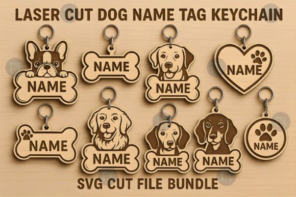 Personalized laser cut dog name tag keychains with decorative pet-themed designs