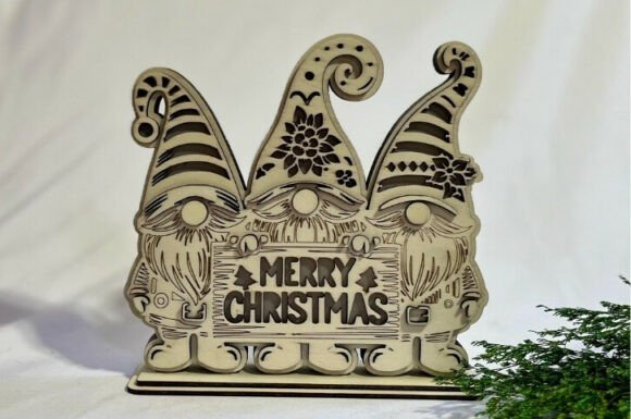 Layered laser cut wooden Christmas gnome decoration with festive details
