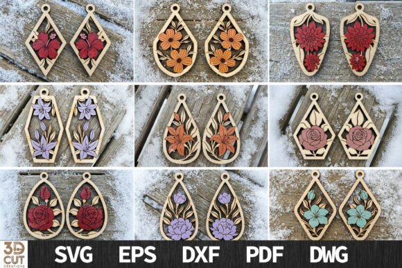 Floral laser cut earrings with delicate flower patterns for wood and acrylic jewelry