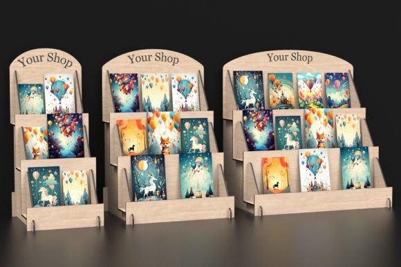 Three-tier laser cut wooden display stand for gift cards, handmade accessories and small retail products.
