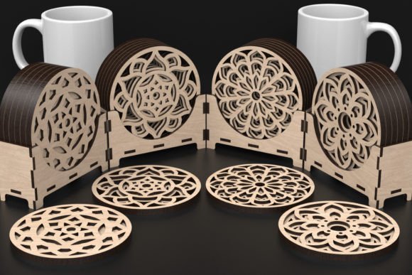 Laser cut wooden mandala coasters with intricate geometric patterns and matching storage box