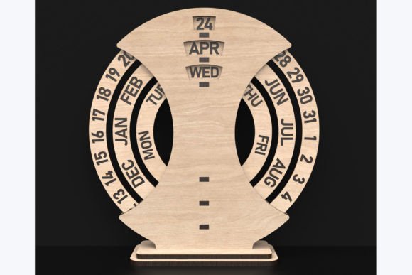 Wooden laser cut perpetual calendar with circular rotating date and month displays
