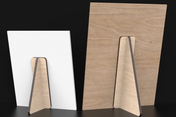 Laser cut triangular wooden easel supports for making photo frames and decorative signs stand upright.
