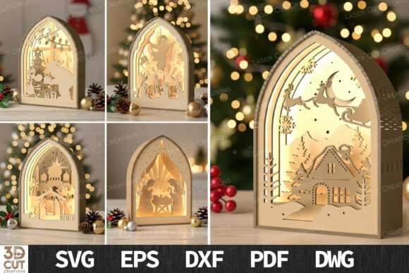 Layered Christmas lantern laser cut designs with glowing winter scenes