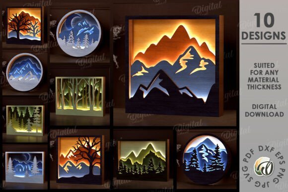 Layered wooden wall art with warm LED backlighting and nature-inspired laser cut designs