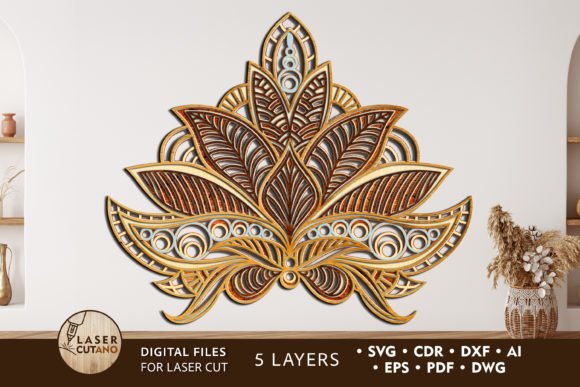 Five-layer laser cut lotus mandala wall art with symmetrical floral patterns