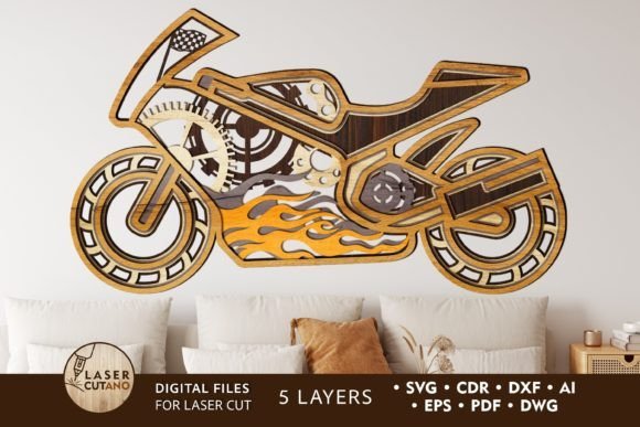 Five-layer laser cut wooden motorcycle art with detailed contours and contrasting wood finishes