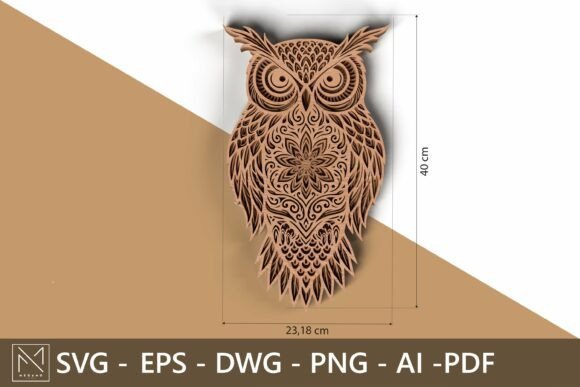 Six-layer wooden owl mandala with intricate laser cut patterns and dimensional details