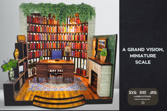 Miniature study room book nook laser cut file with cozy office and library details