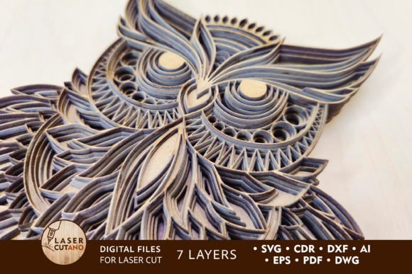 Multilayer owl laser cut wall art made from layered wood