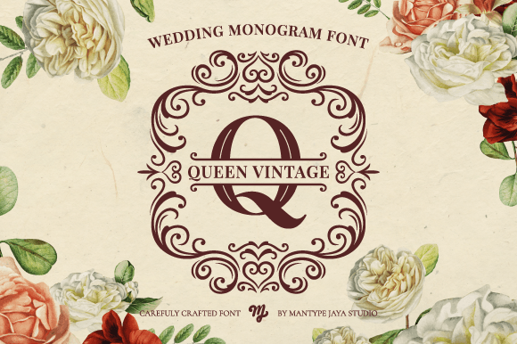 Queen Vintage monogram font with elegant ornamental letters for weddings and personalized gifts