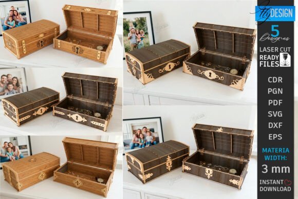 Retro-style laser cut wooden treasure chest gift box with decorative details