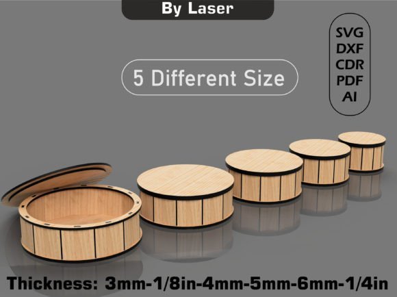 Round laser cut wooden gift boxes with decorative lids