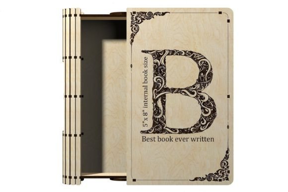 Wooden laser cut slider book box with a decorative book-shaped design