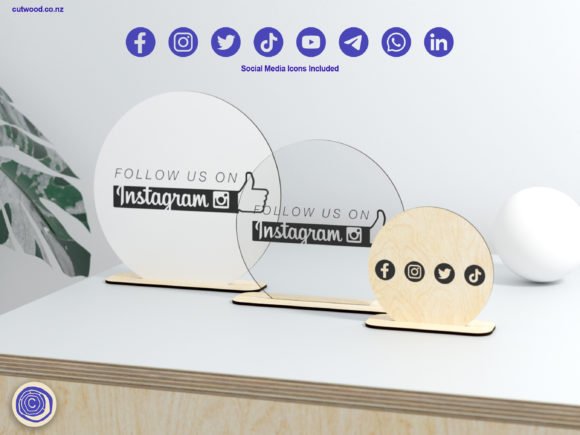 Laser cut social media sign for small business desk display