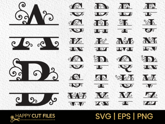 Swirl vintage monogram alphabet with decorative split initials for signs and laser cutting