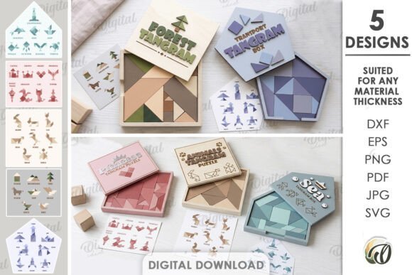 Laser cut wooden tangram puzzle pieces with a storage box