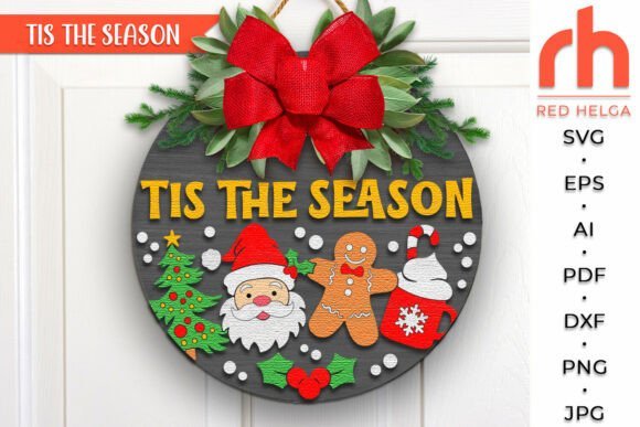 Tis the Season Santa Christmas door sign with festive layered details