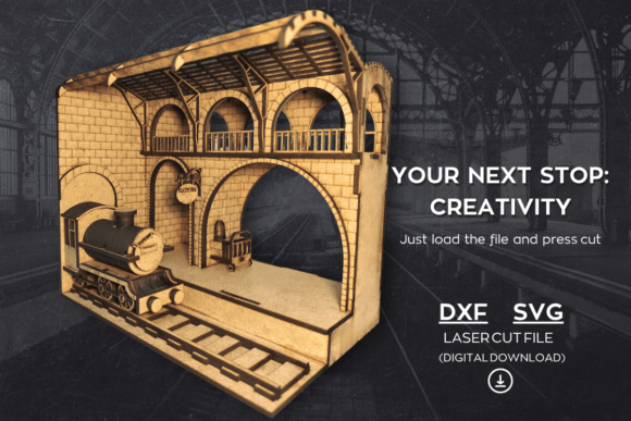 Train station book nook laser cut design with miniature railway station scene