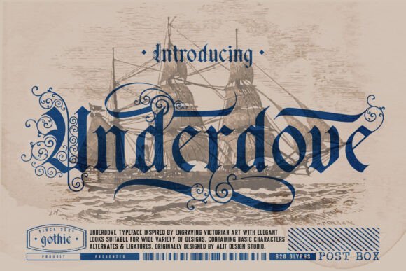 Underdove ornamental gothic tattoo font with Victorian details