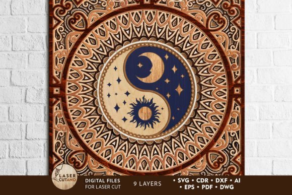 Nine-layer wooden yin yang mandala with intricate geometric laser cut patterns