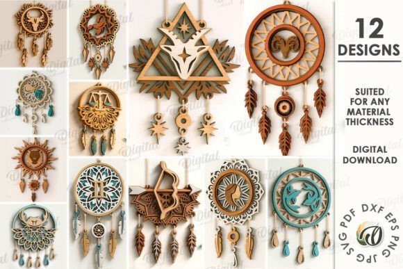 Laser cut wooden zodiac dream catcher designs with decorative astrology symbols