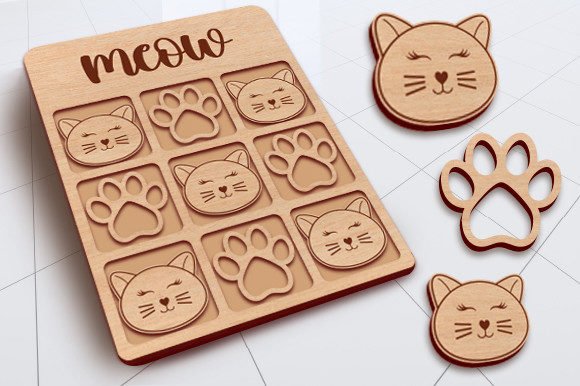 Cat-themed wooden tic tac toe game made from a laser cut file