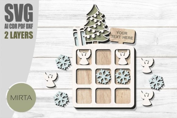 Christmas-themed laser cut wooden tic tac toe game with festive playing pieces