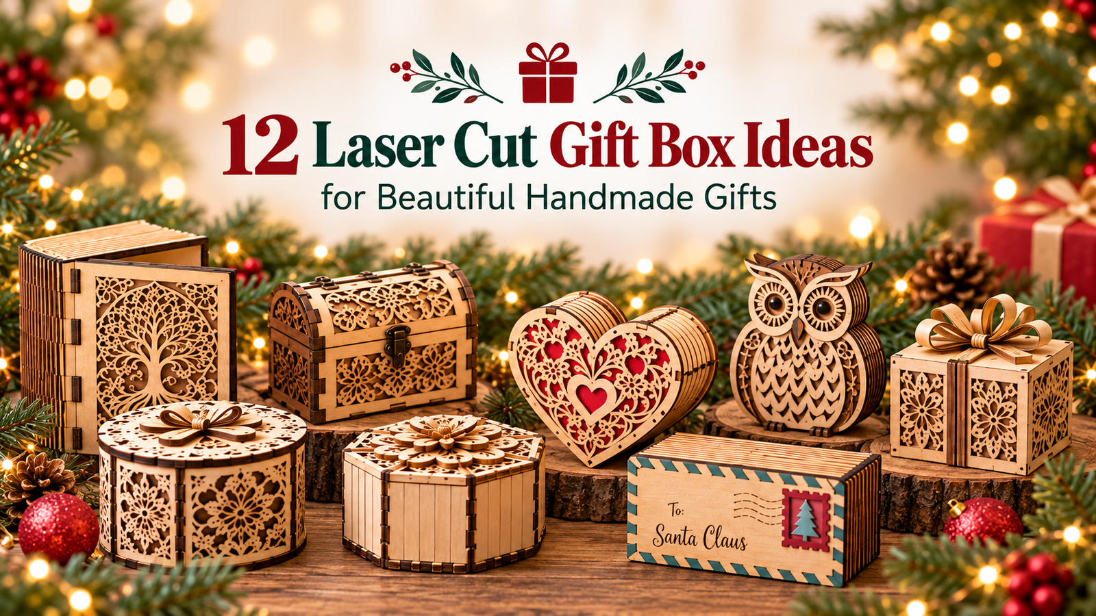 Laser cut gift box ideas featuring handmade wooden jewelry boxes, heart-shaped boxes and decorative gift packaging