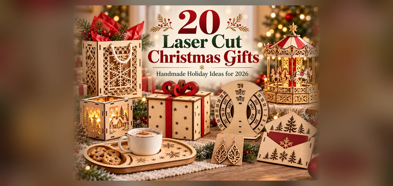 Laser cut Christmas gifts featuring wooden gift boxes, a perpetual calendar, earrings, a serving tray and holiday decorations