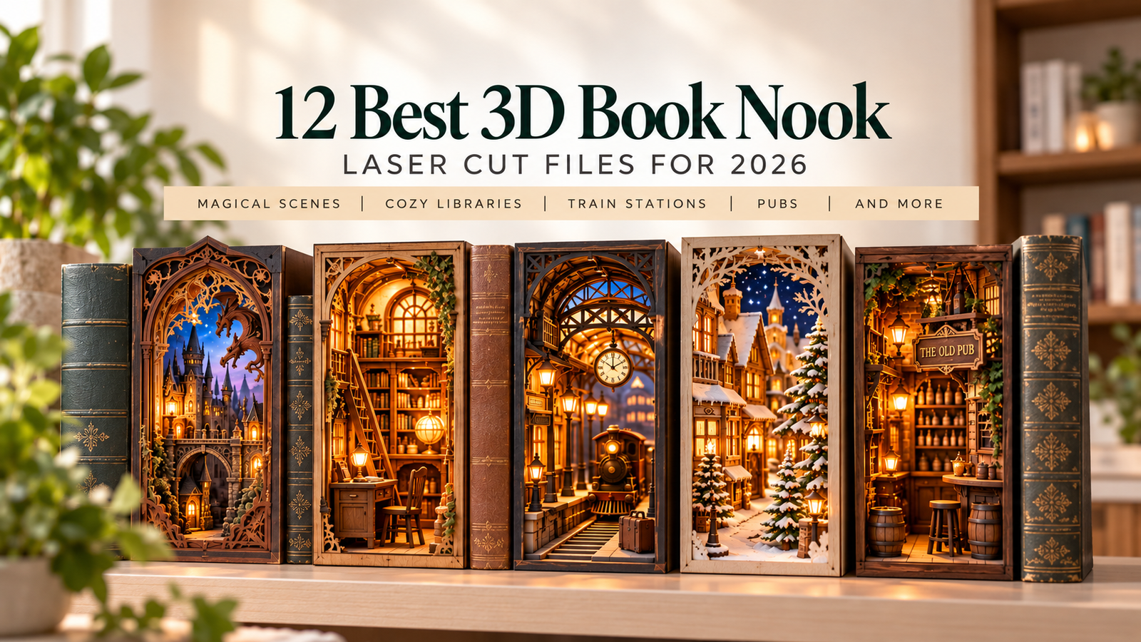 Book nook laser cut files featuring miniature libraries, fantasy scenes, train stations and cozy bookshelf decor